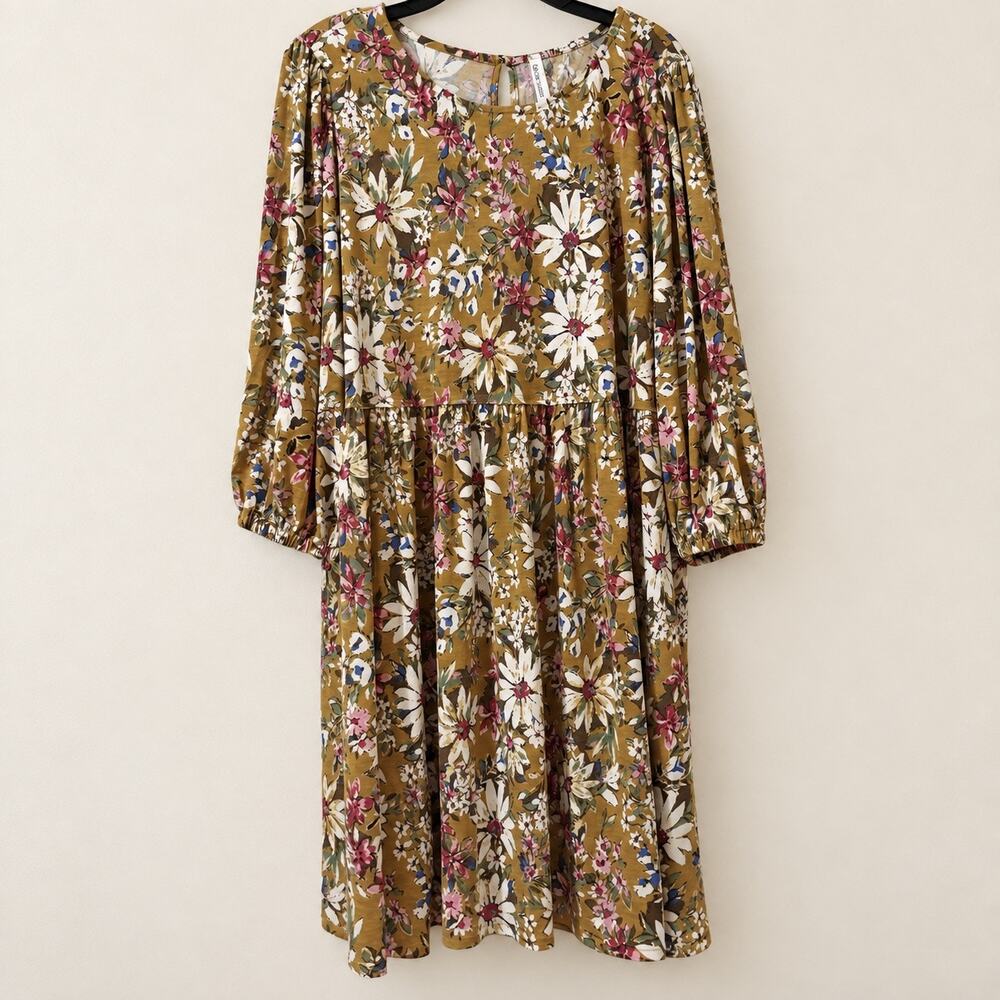 Dear Scarlett XL Mustard Floral Babydoll Dress Long Sleeve Boho Cottagecore